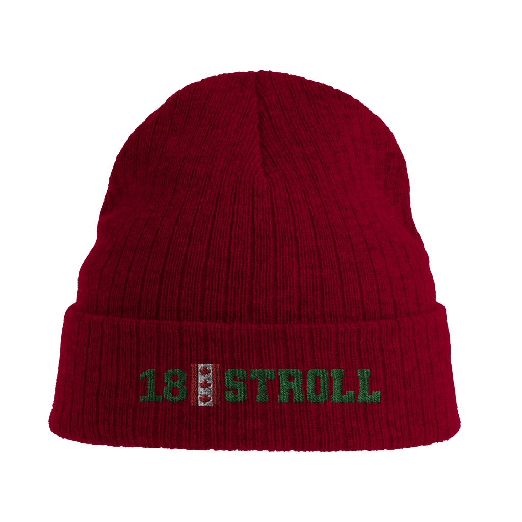 f111 merch burgandy color beanie with stroll branding.