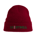 f111 merch burgandy color beanie with stroll branding.