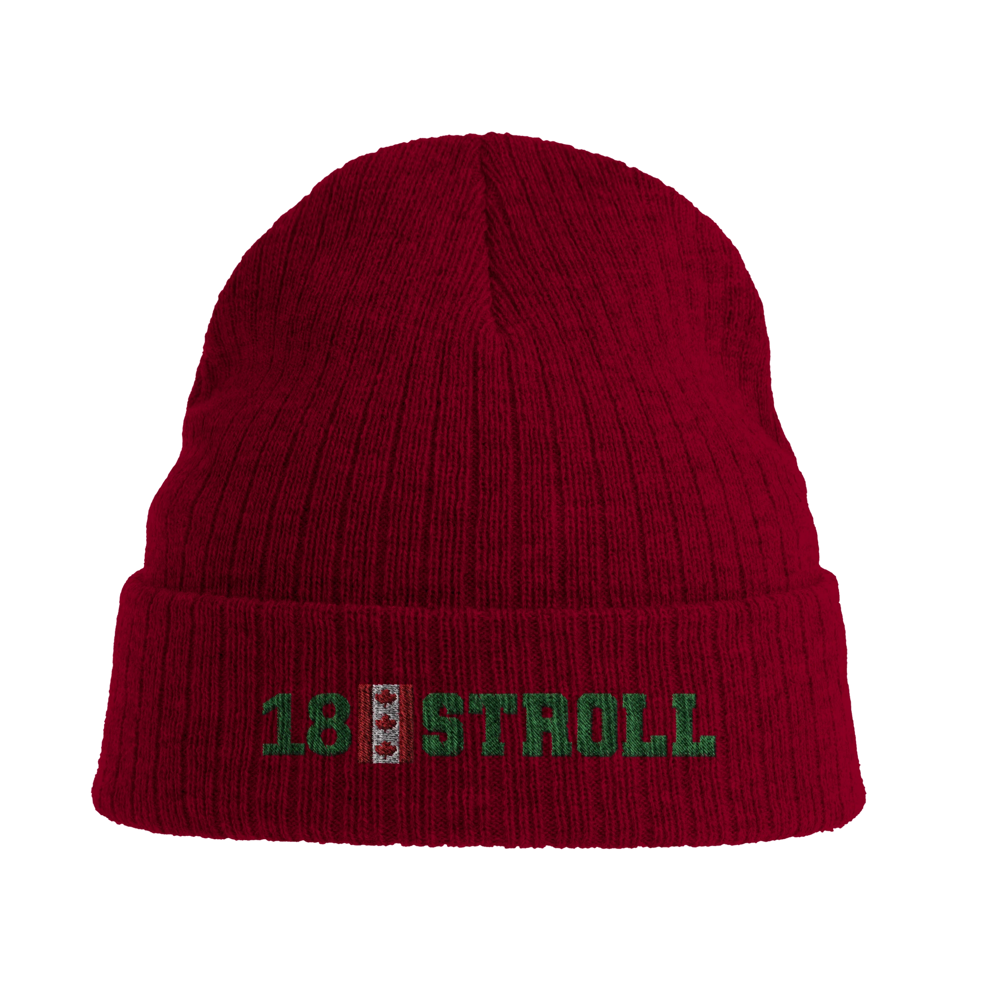 f111 merch burgandy color beanie with stroll branding.