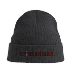 f111 merch dark-grey color beanie with bearman branding.