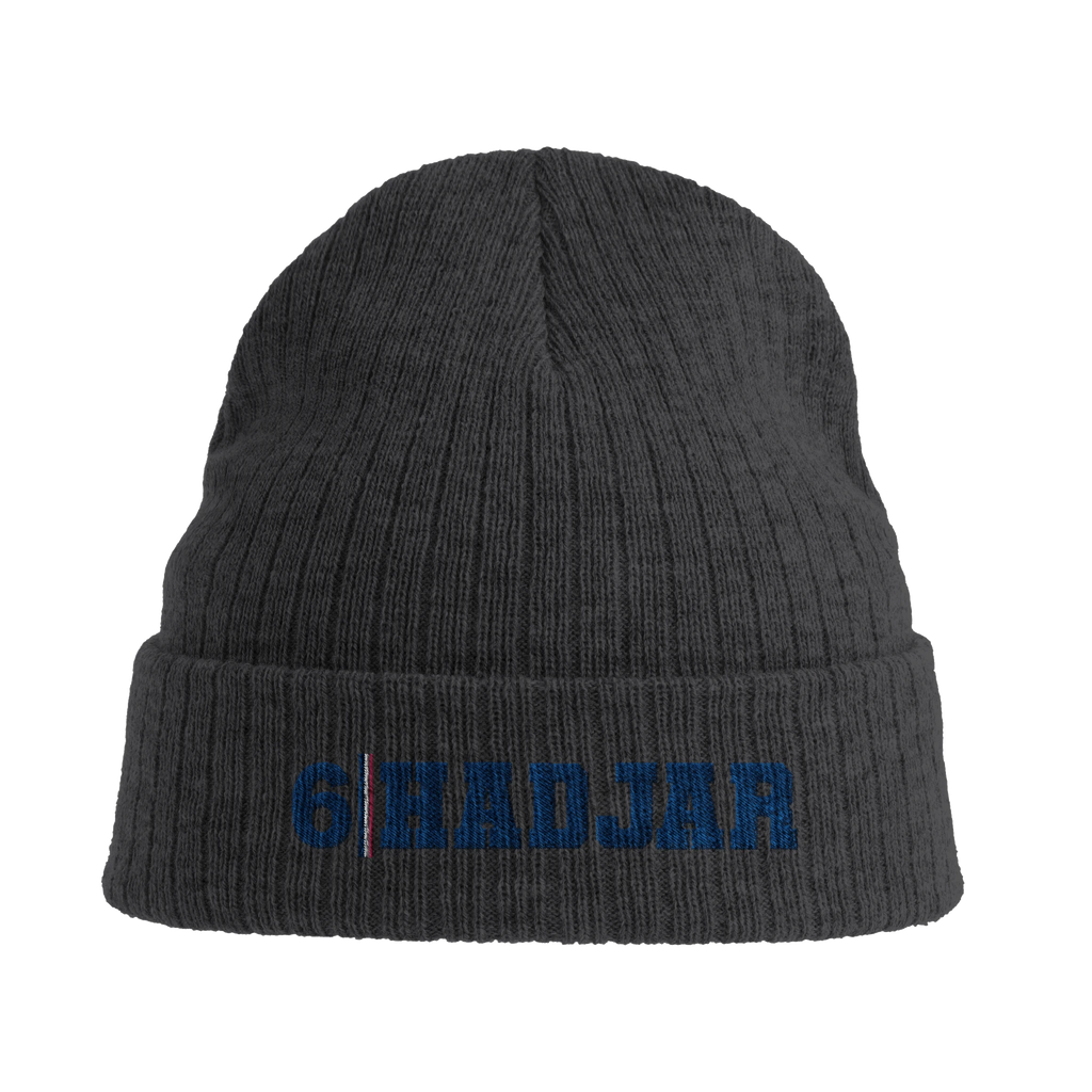 f111 merch dark-grey color beanie with hadjar branding.