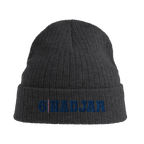 f111 merch dark-grey color beanie with hadjar branding.