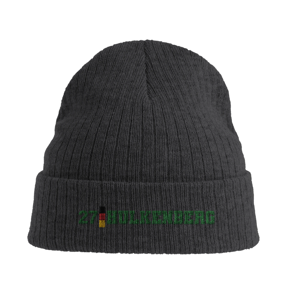 f111 merch dark-grey color beanie with hulkenberg branding.