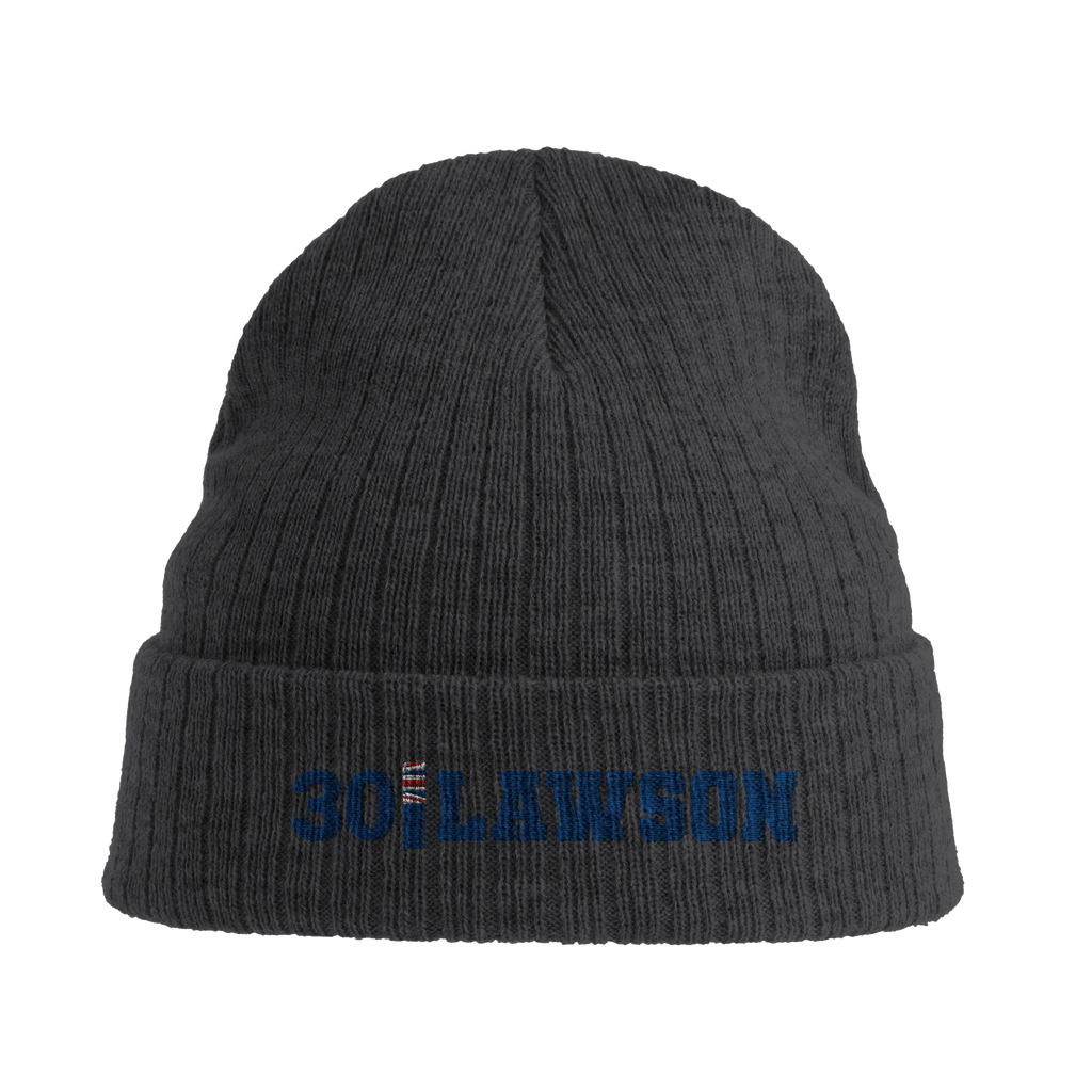 f111 merch dark-grey color beanie with lawson branding.