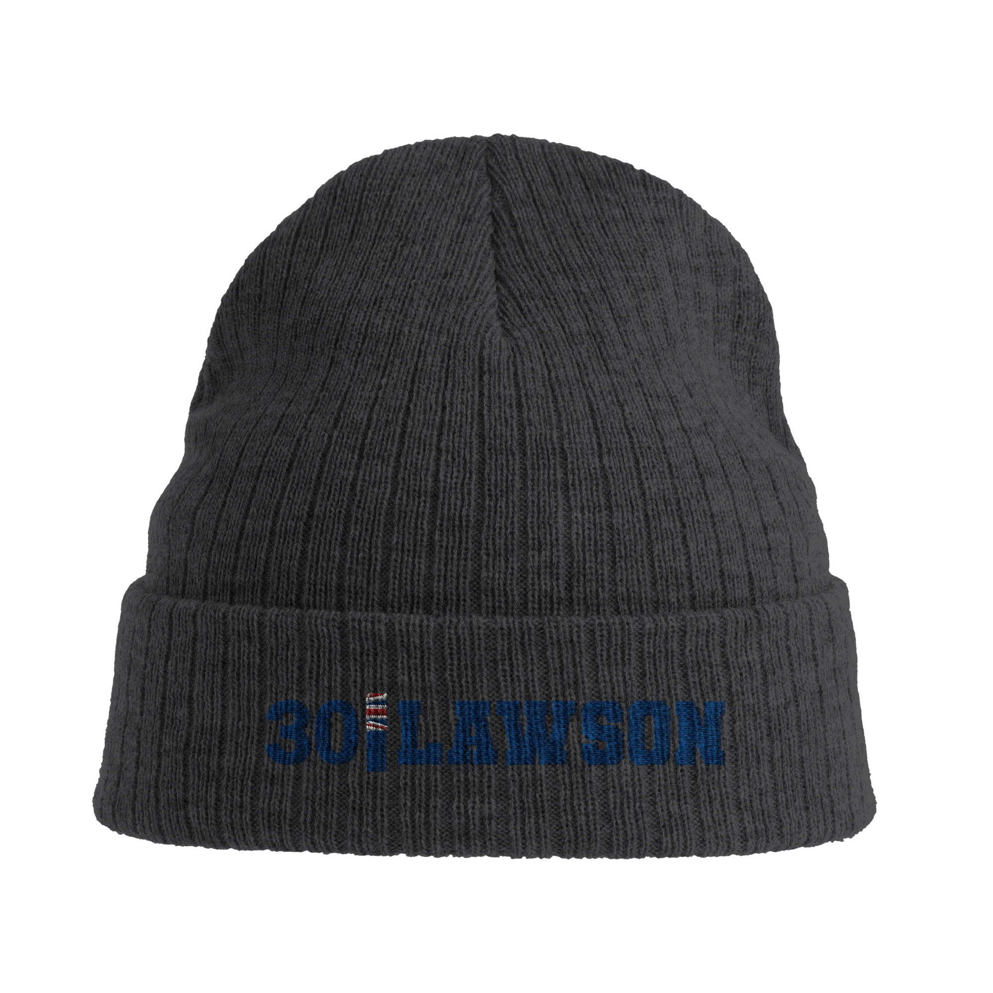 f111 merch dark-grey color beanie with lawson branding.
