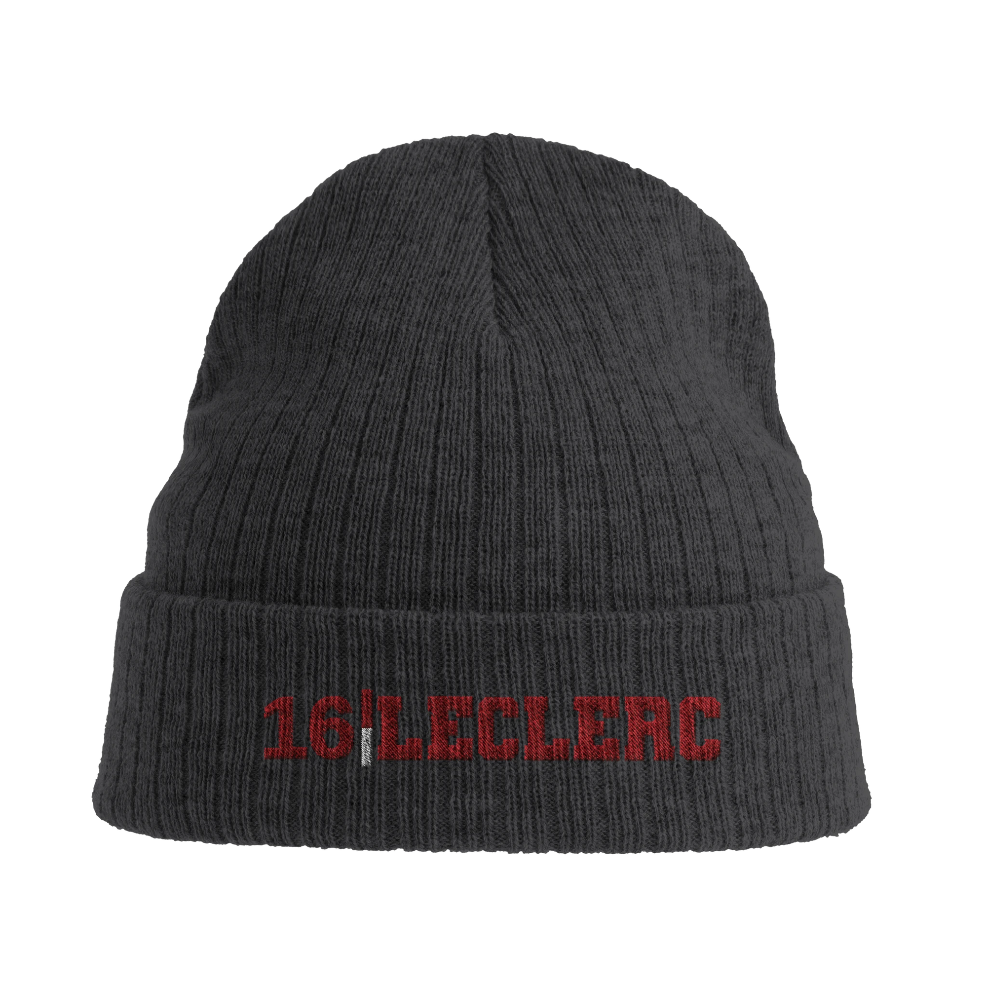 f111 merch dark-grey color beanie with leclerc branding.