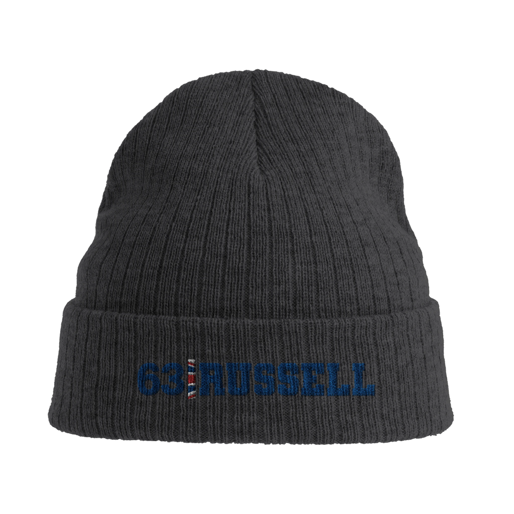 f111 merch dark-grey color beanie with russell branding.