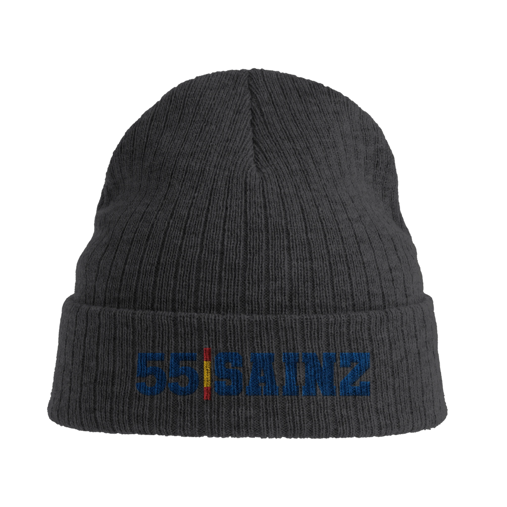 f111 merch dark-grey color beanie with sainz branding.