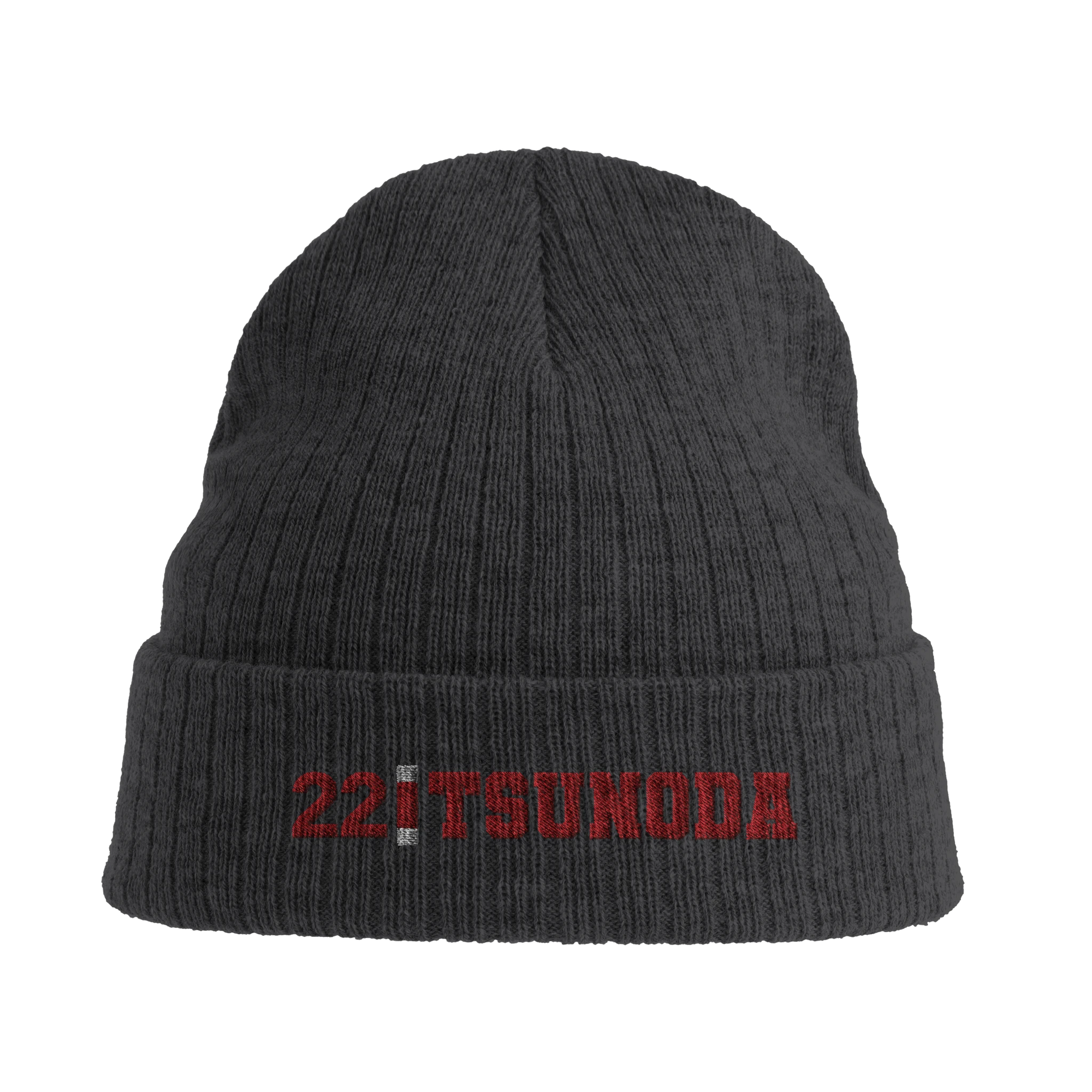 f111 merch dark-grey color beanie with tsunoda branding.
