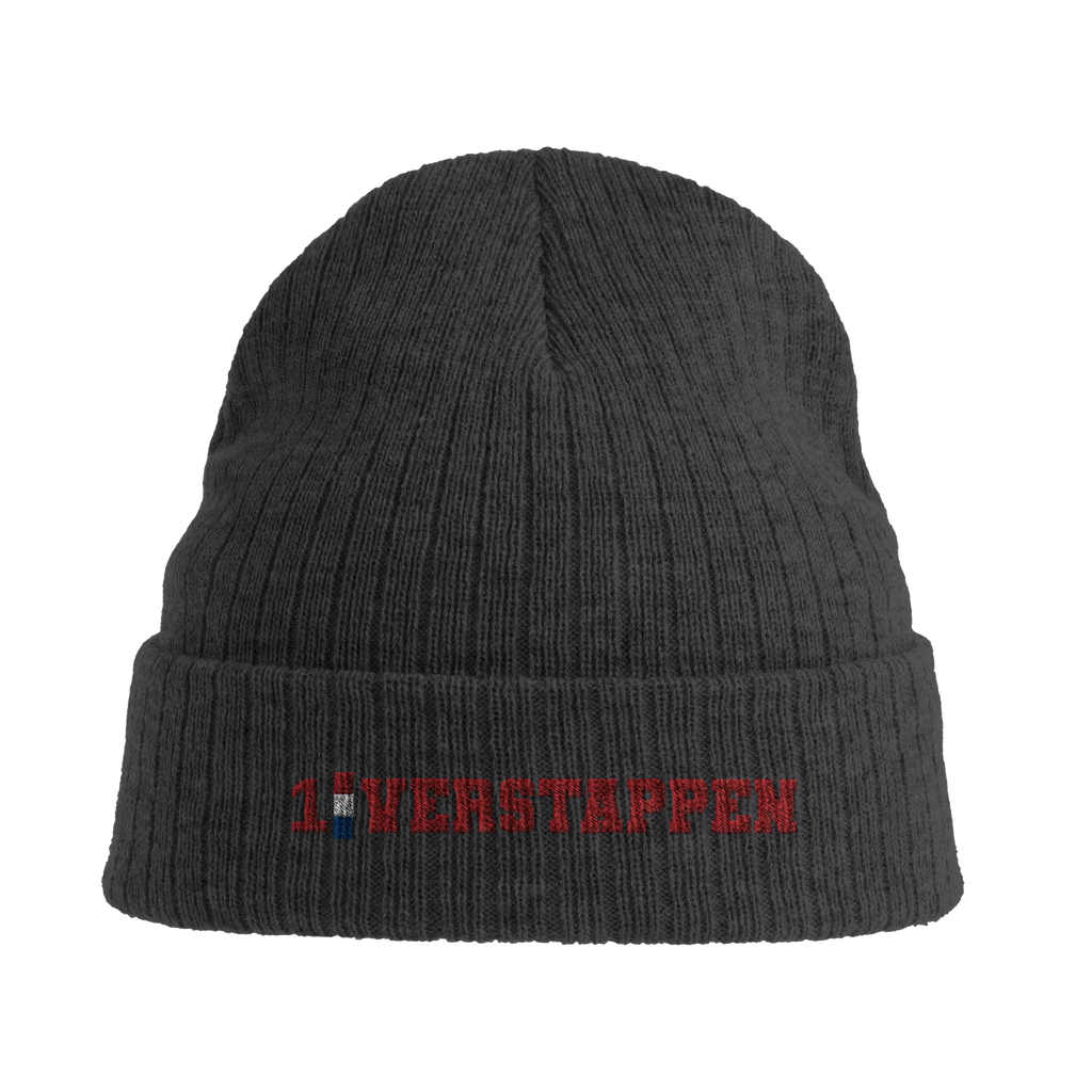 f111 merch dark-grey color beanie with verstappen branding.