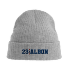 f111 merch light-grey-melange color beanie with albon branding.