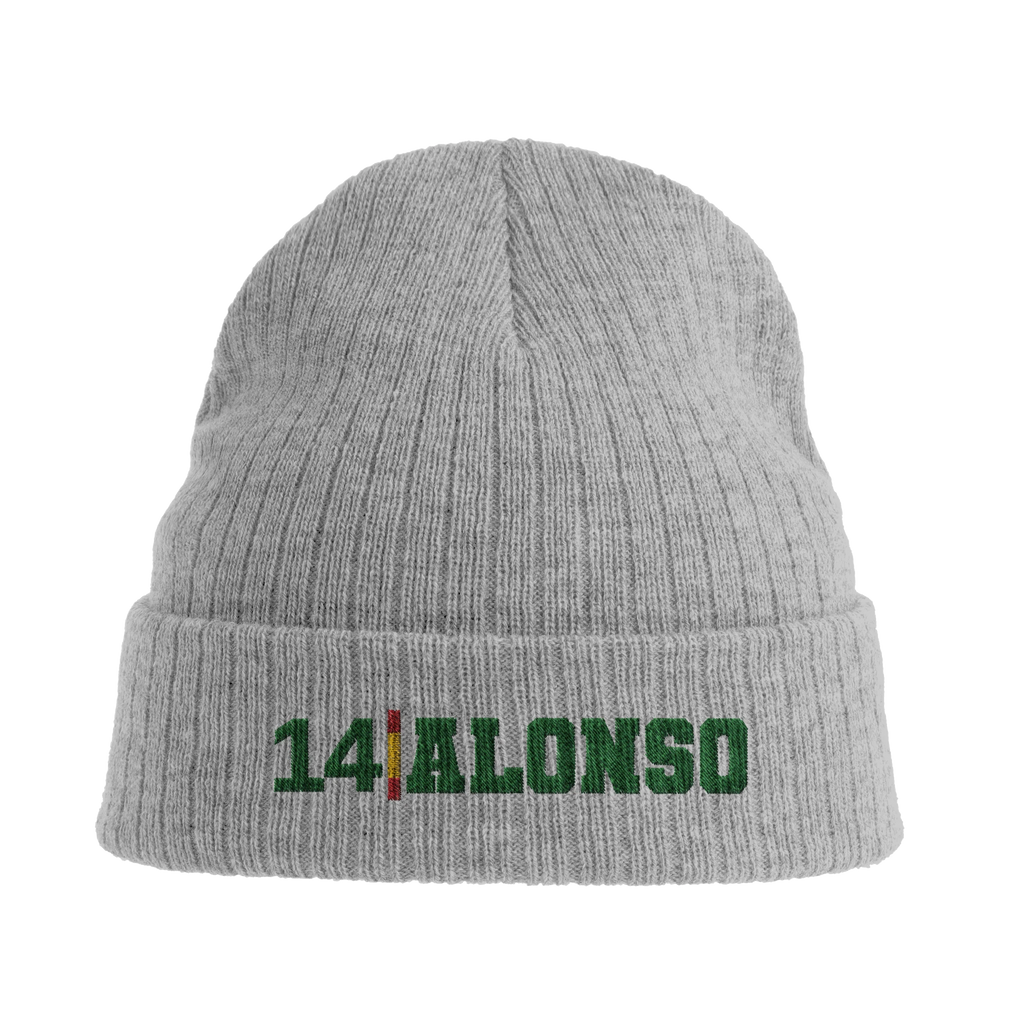 f111 merch light-grey-melange color beanie with alonso branding.