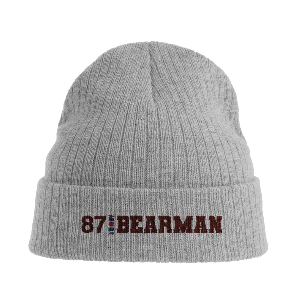 f111 merch light-grey-melange color beanie with bearman branding.