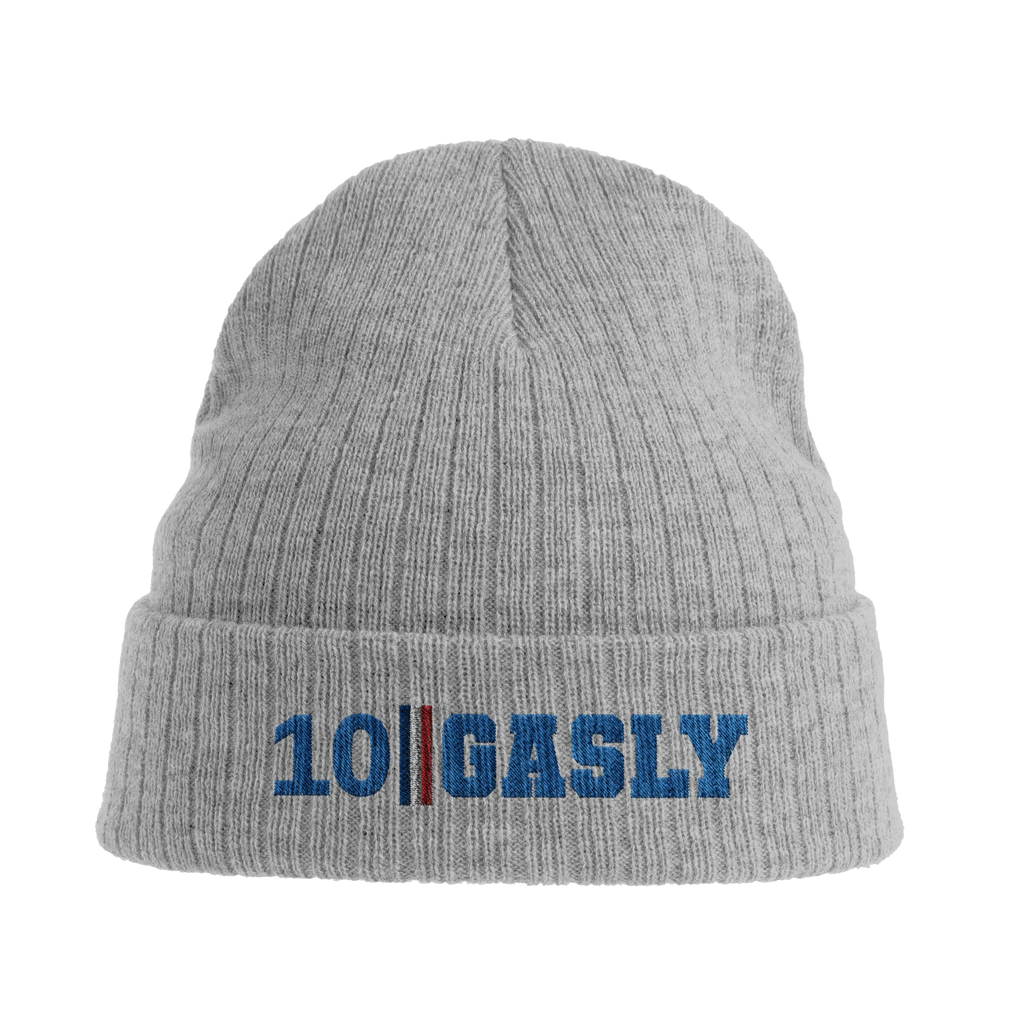 f111 merch light-grey-melange color beanie with gasly branding.