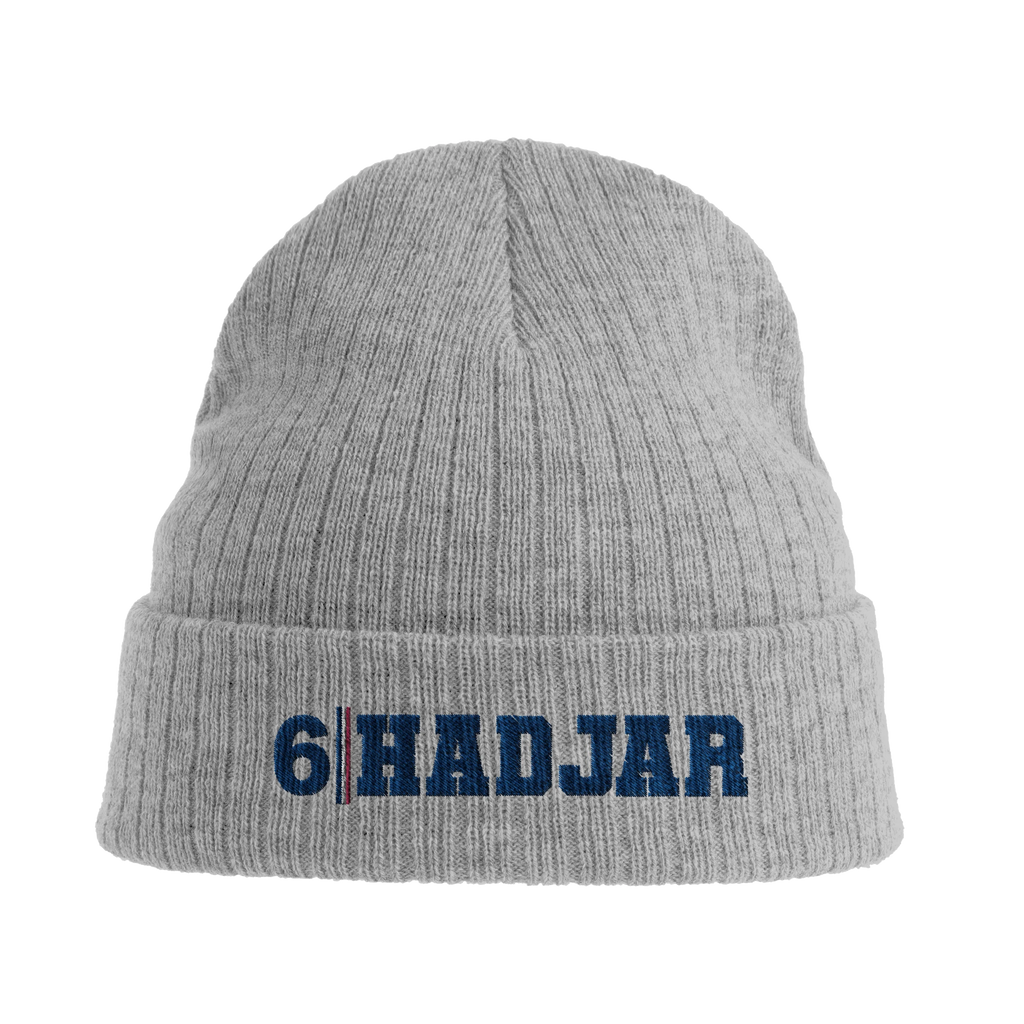 f111 merch light-grey-melange color beanie with hadjar branding.