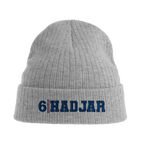 f111 merch light-grey-melange color beanie with hadjar branding.