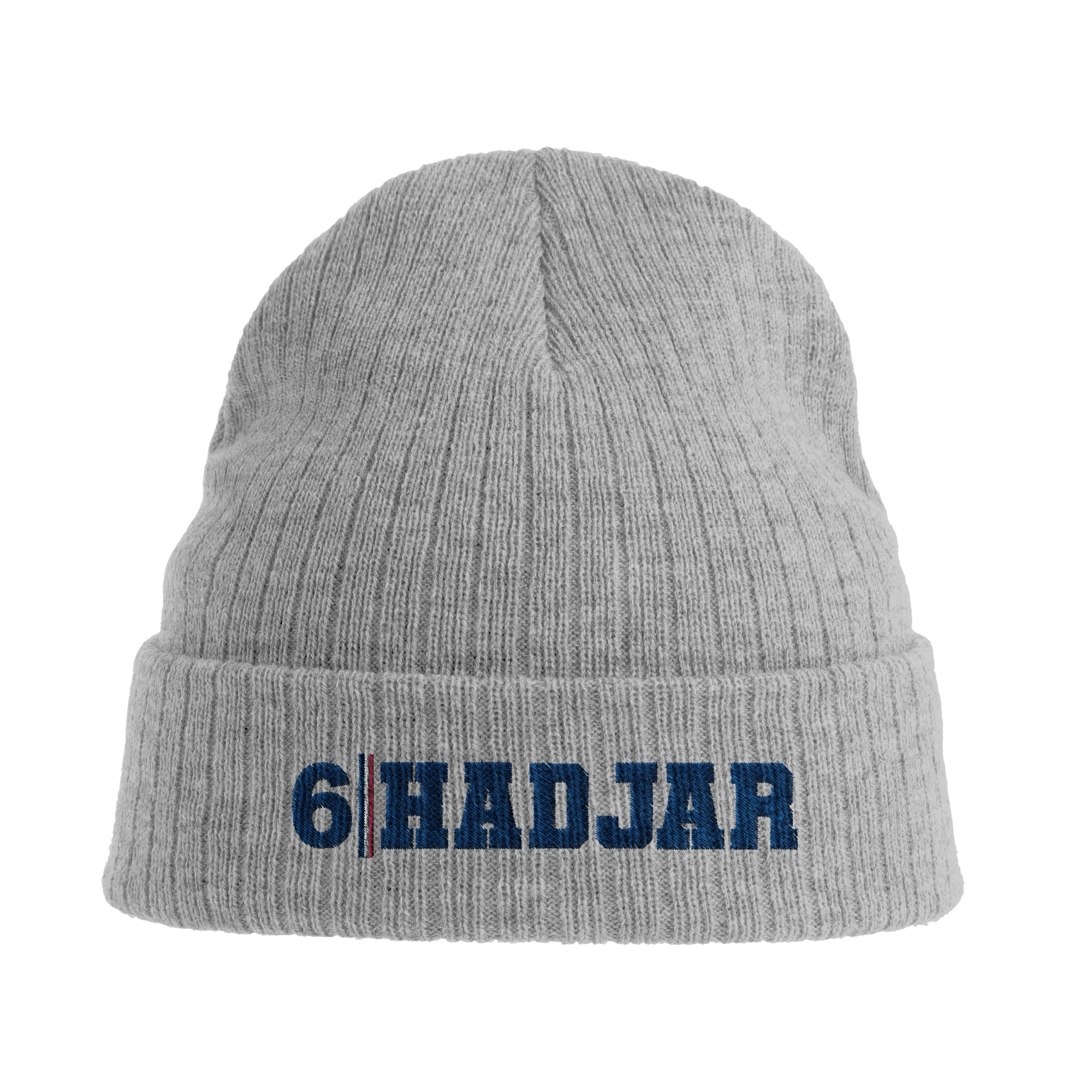 f111 merch light-grey-melange color beanie with hadjar branding.