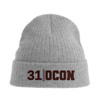 f111 merch light-grey-melange color beanie with ocon branding.