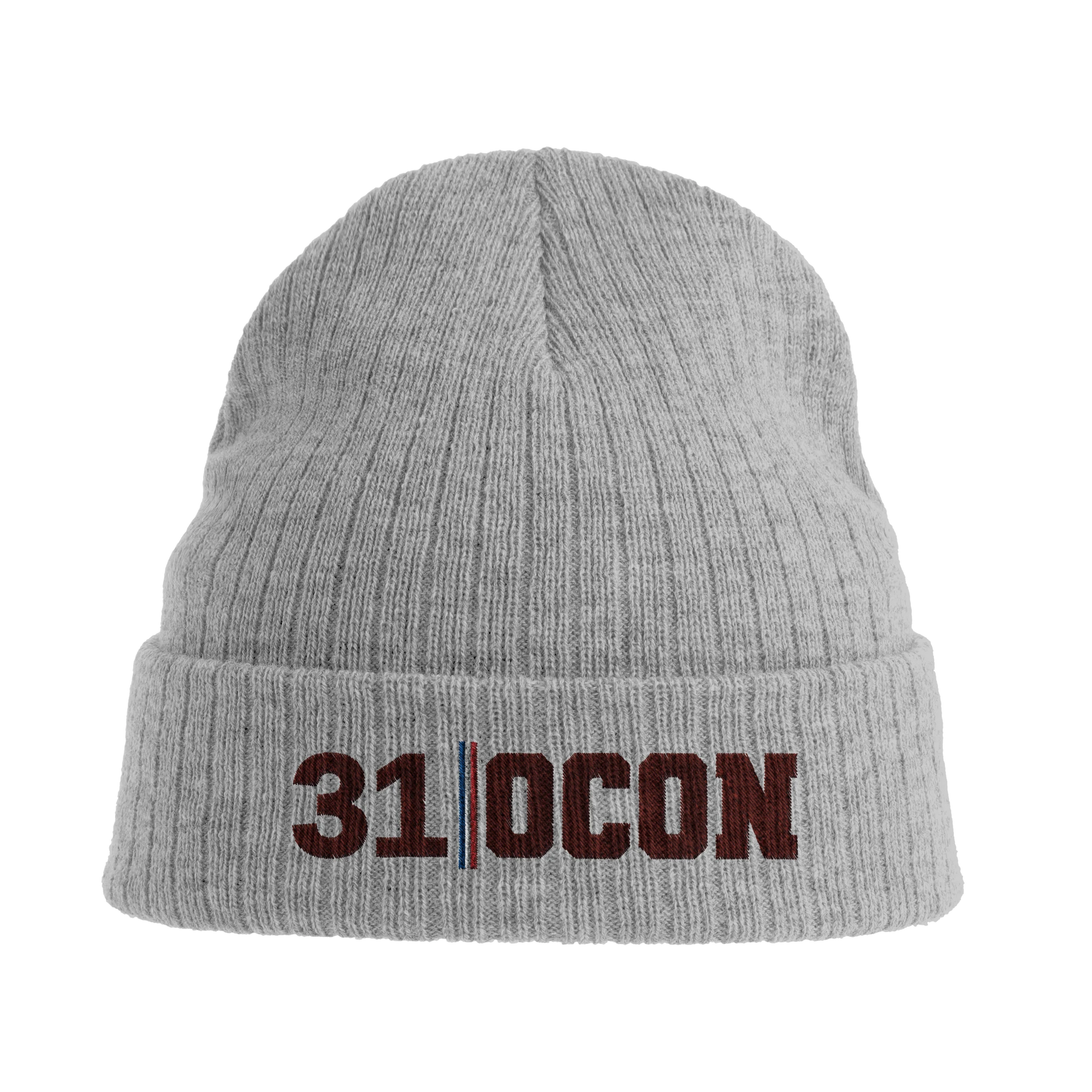 f111 merch light-grey-melange color beanie with ocon branding.
