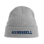 f111 merch light-grey-melange color beanie with russell branding.