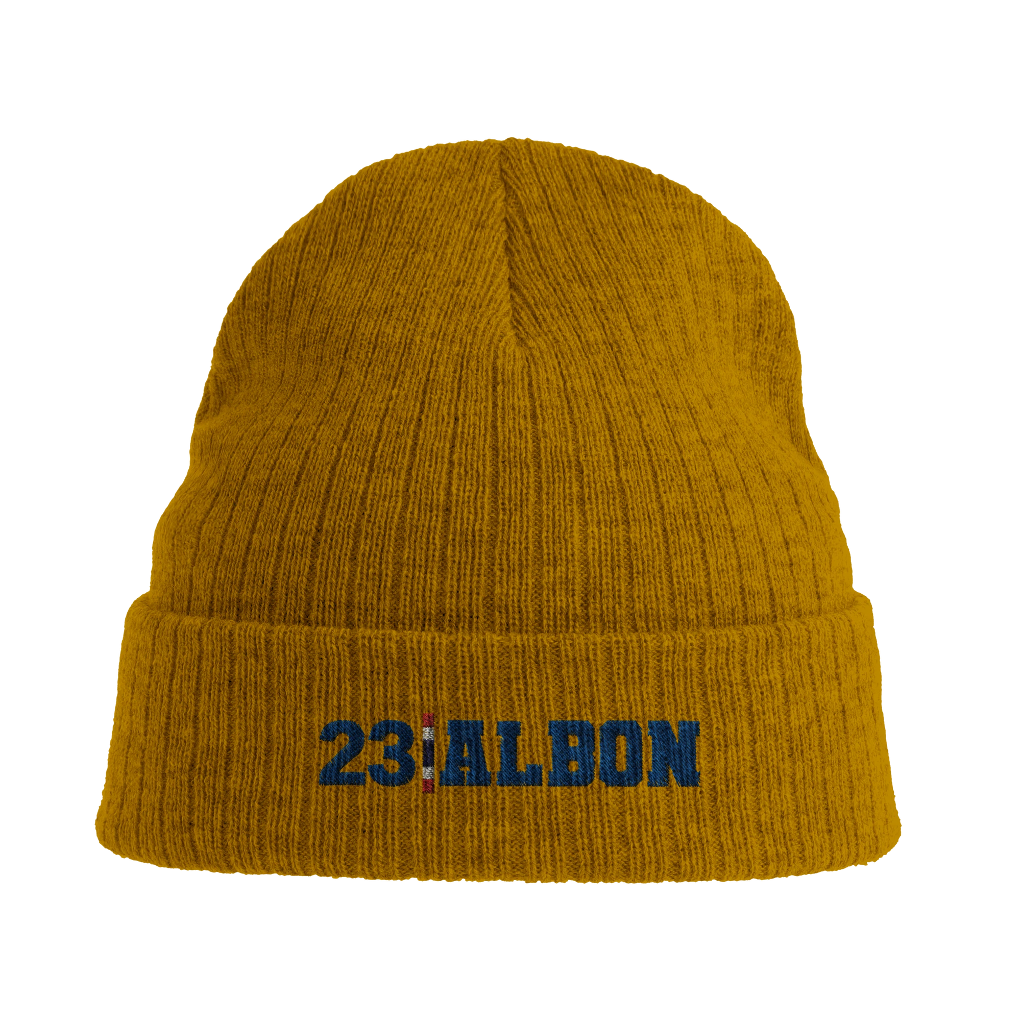 f111 merch mustard-yellow color beanie with albon branding.