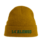 f111 merch mustard-yellow color beanie with alonso branding.