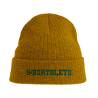 f111 merch mustard-yellow color beanie with bortoleto branding.