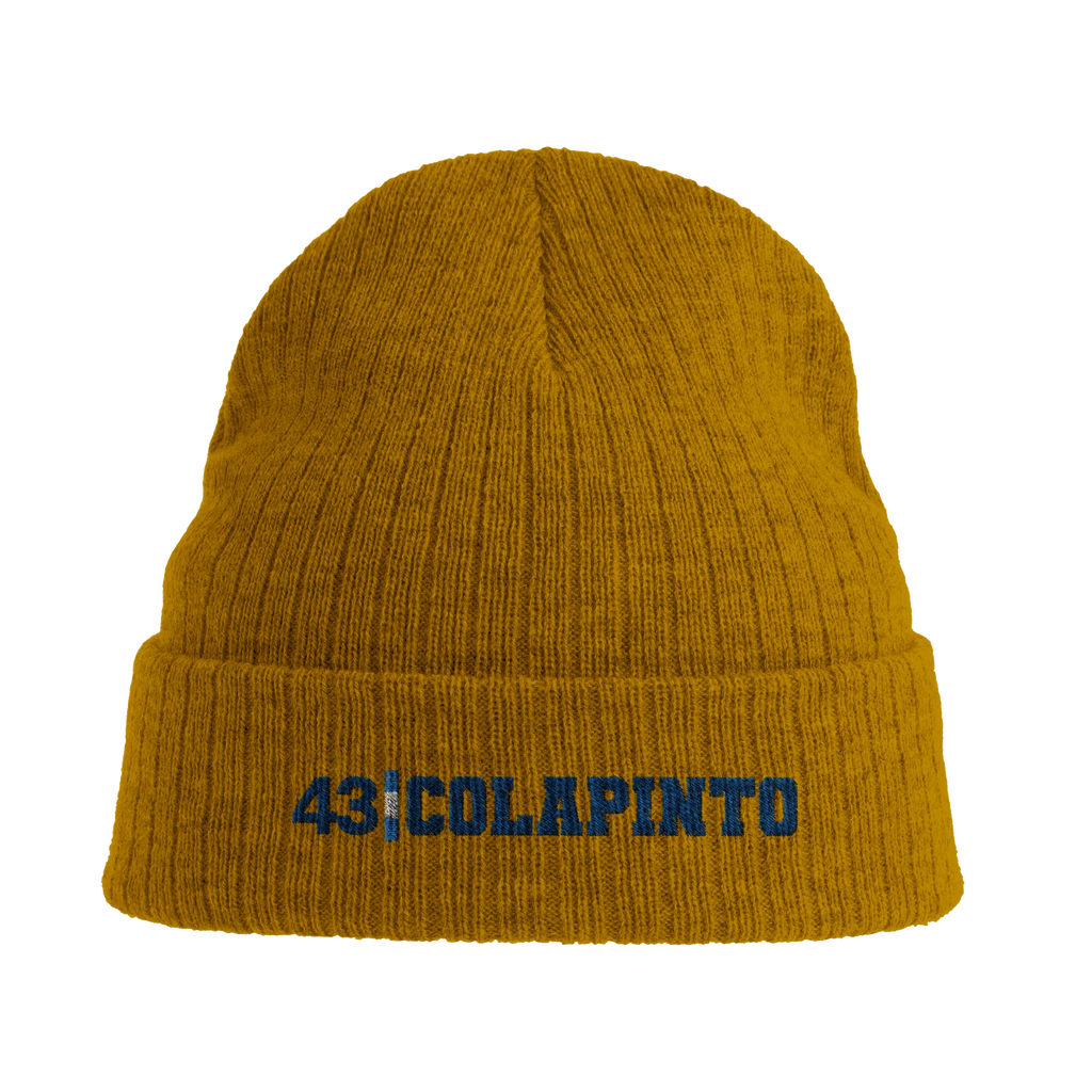 f111 merch mustard-yellow color beanie with colapinto branding.