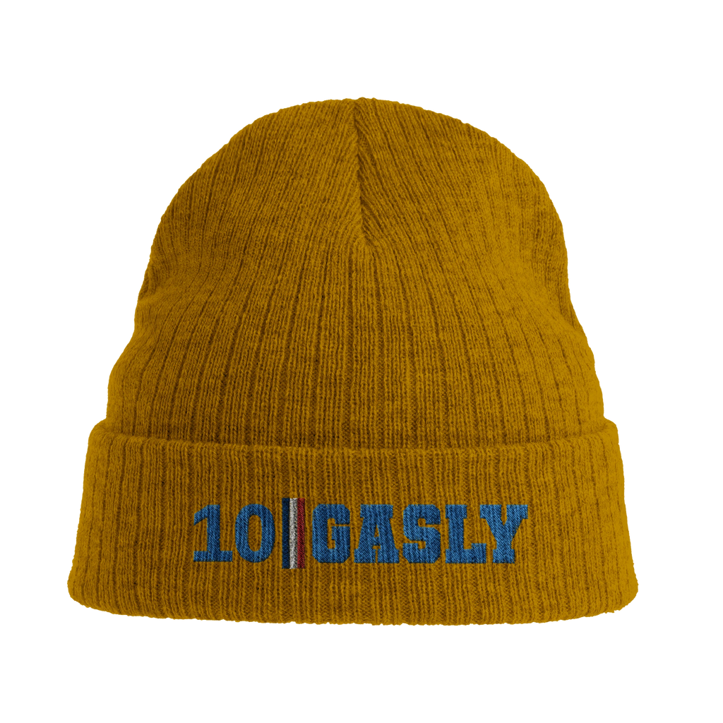 f111 merch mustard-yellow color beanie with gasly branding.