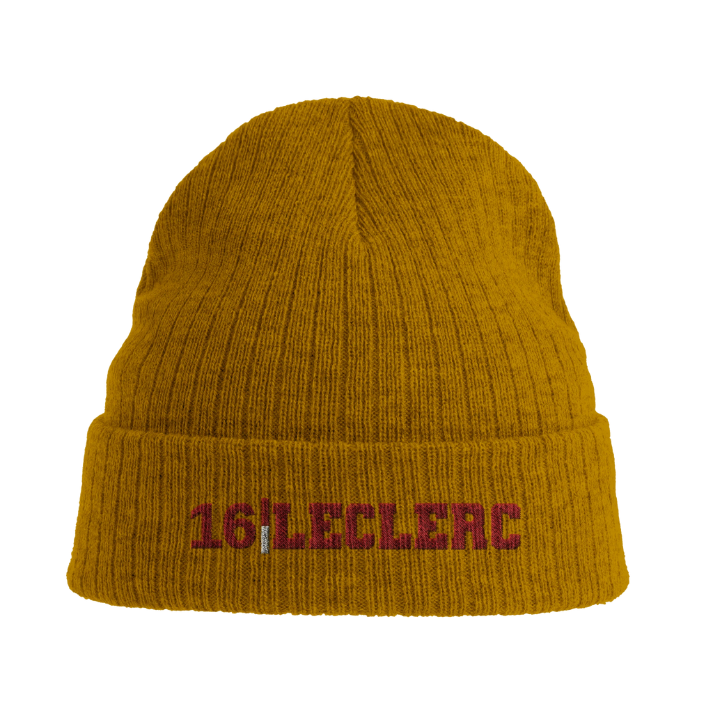 f111 merch mustard-yellow color beanie with leclerc branding.