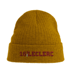 f111 merch mustard-yellow color beanie with leclerc branding.