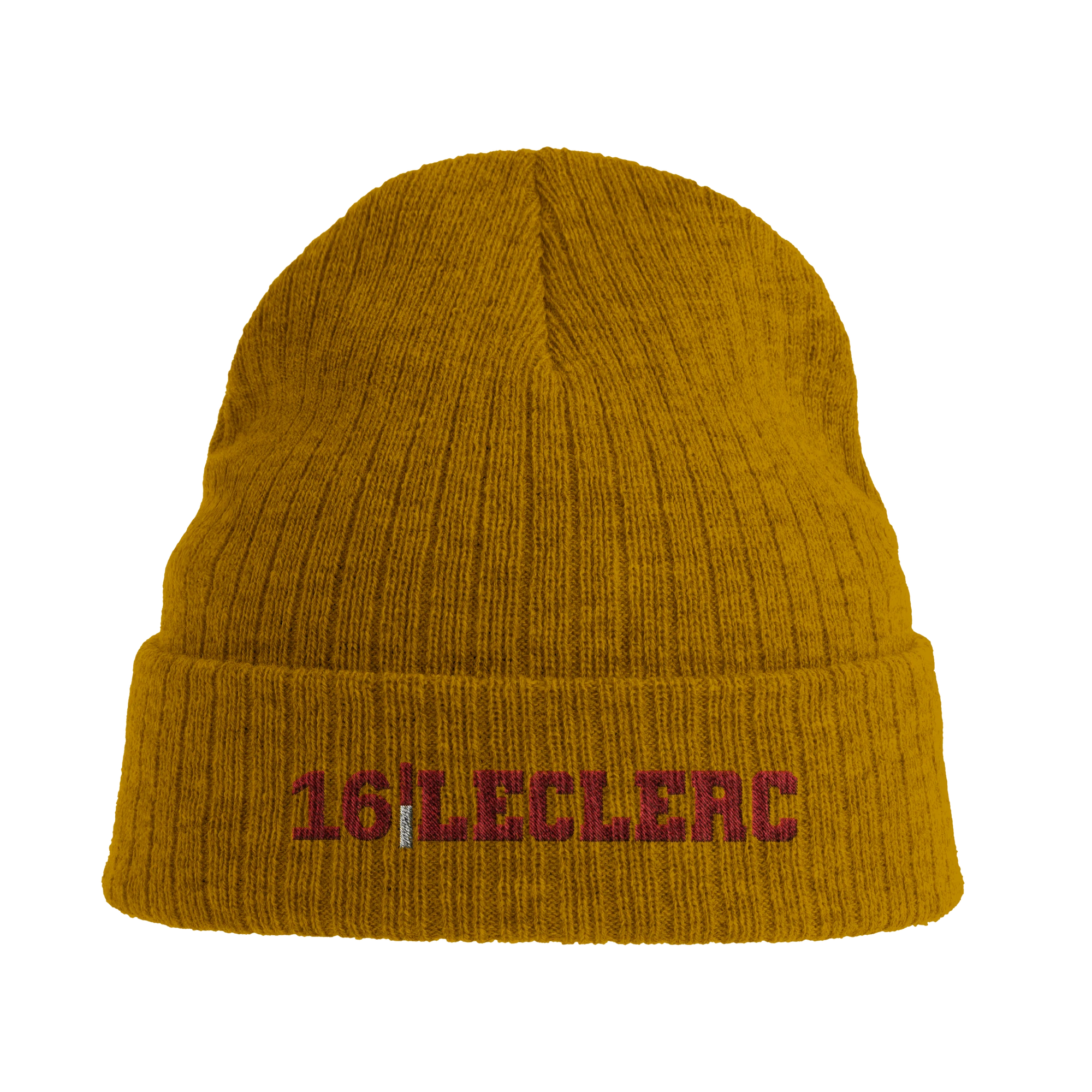 f111 merch mustard-yellow color beanie with leclerc branding.