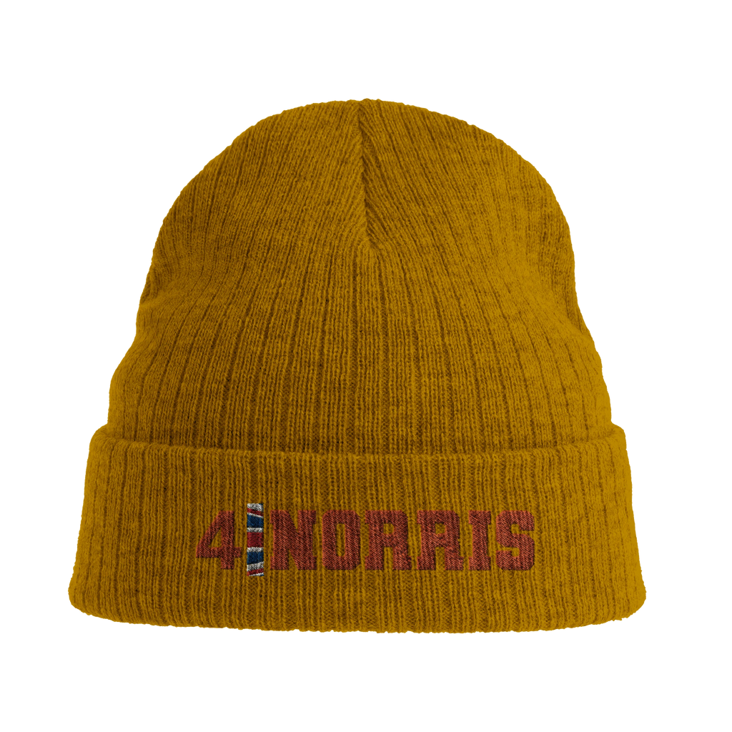 f111 merch mustard-yellow color beanie with norris branding.