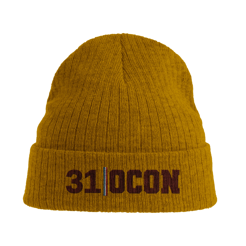f111 merch mustard-yellow color beanie with ocon branding.