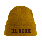 f111 merch mustard-yellow color beanie with ocon branding.