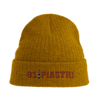 f111 merch mustard-yellow color beanie with piastri branding.