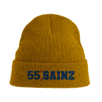 f111 merch mustard-yellow color beanie with sainz branding.