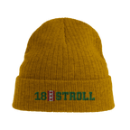 f111 merch mustard-yellow color beanie with stroll branding.