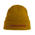 f111 merch mustard-yellow color beanie with verstappen branding.