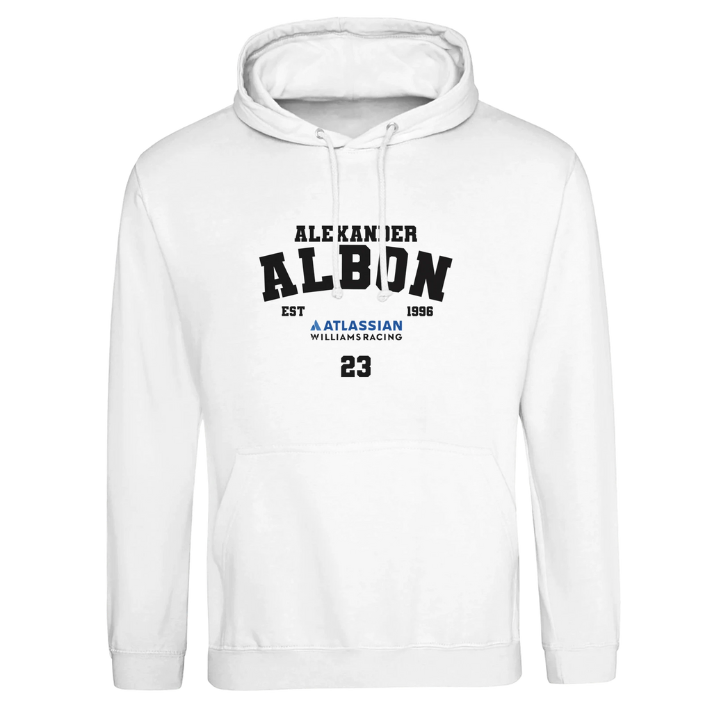 f111 merch arctic-white color hoodie with albon branding.