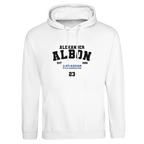 f111 merch arctic-white color hoodie with albon branding.