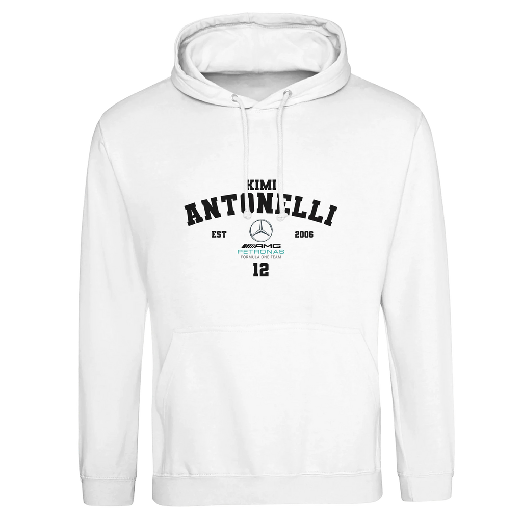 f111 merch arctic-white color hoodie with antonelli branding.