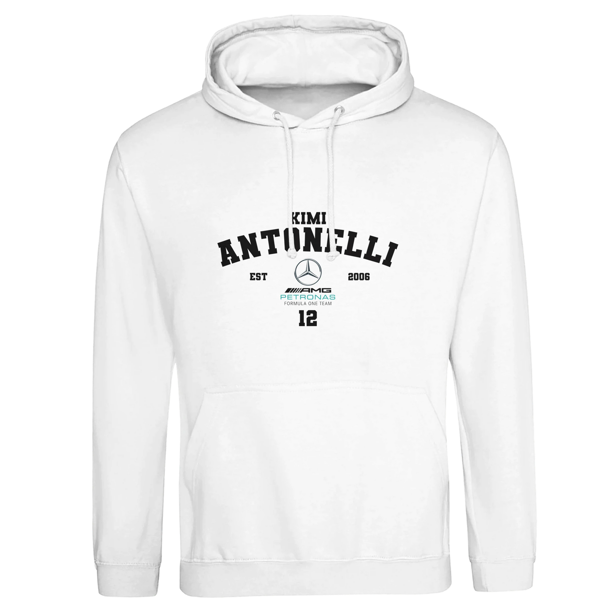 f111 merch arctic-white color hoodie with antonelli branding.