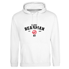 f111 merch arctic-white color hoodie with bearman branding.