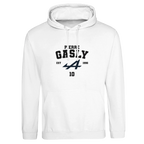 f111 merch arctic-white color hoodie with gasly branding.