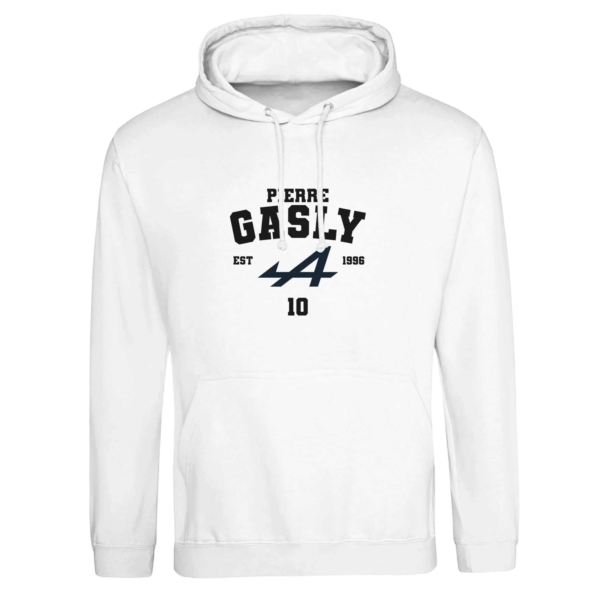 f111 merch arctic-white color hoodie with gasly branding.