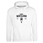 f111 merch arctic-white color hoodie with hadjar branding.