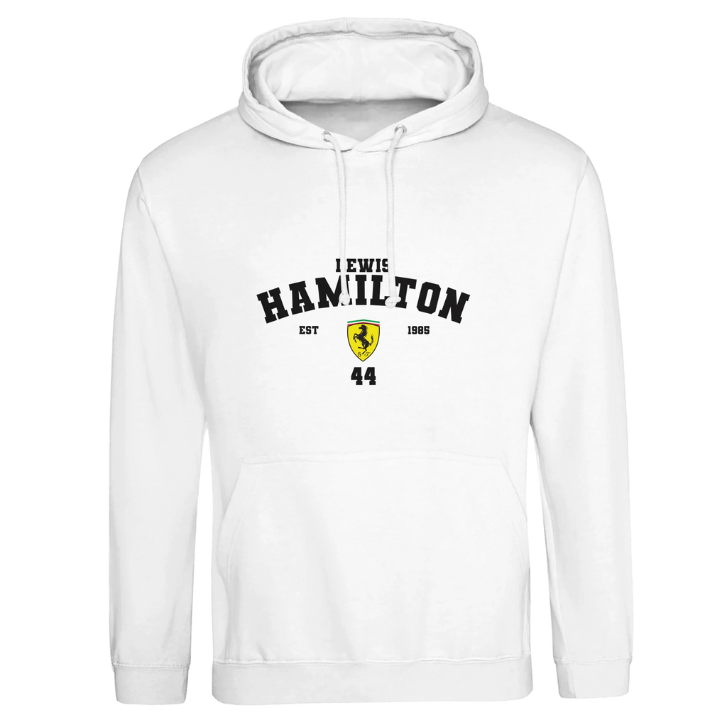 f111 merch arctic-white color hoodie with hamilton branding.