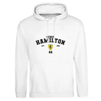 f111 merch arctic-white color hoodie with hamilton branding.