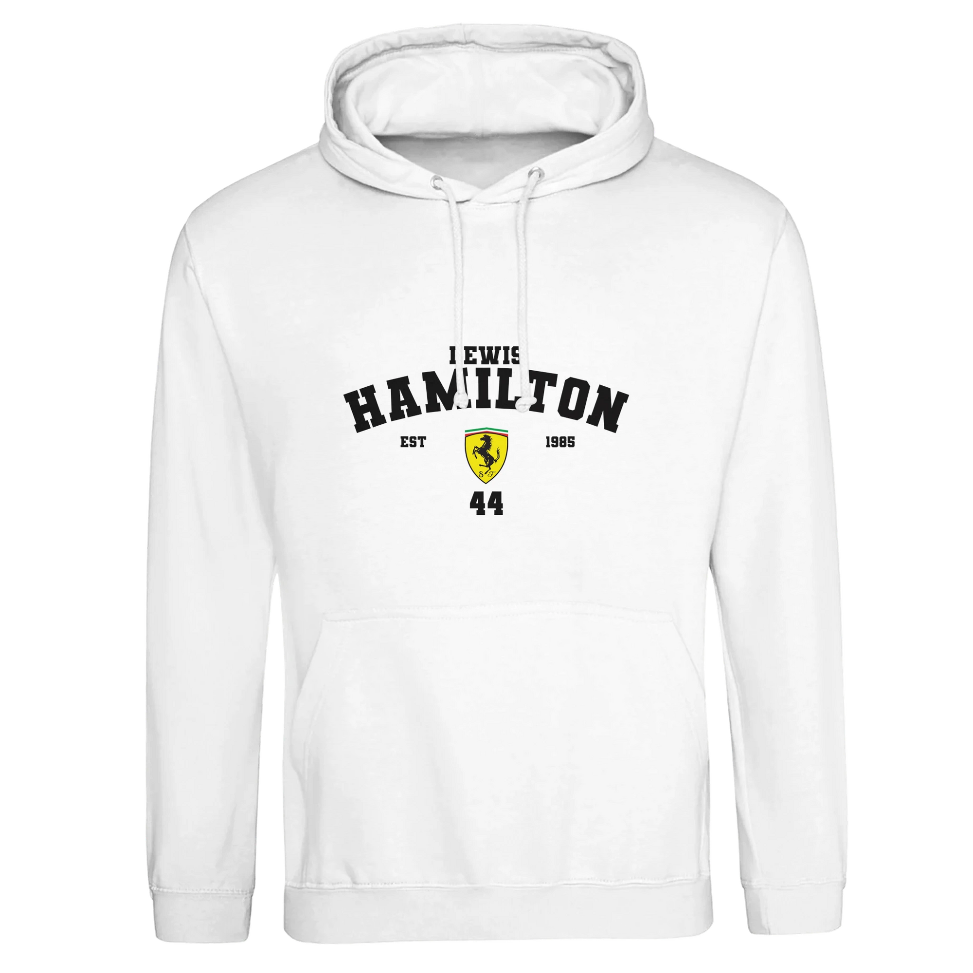 f111 merch arctic-white color hoodie with hamilton branding.